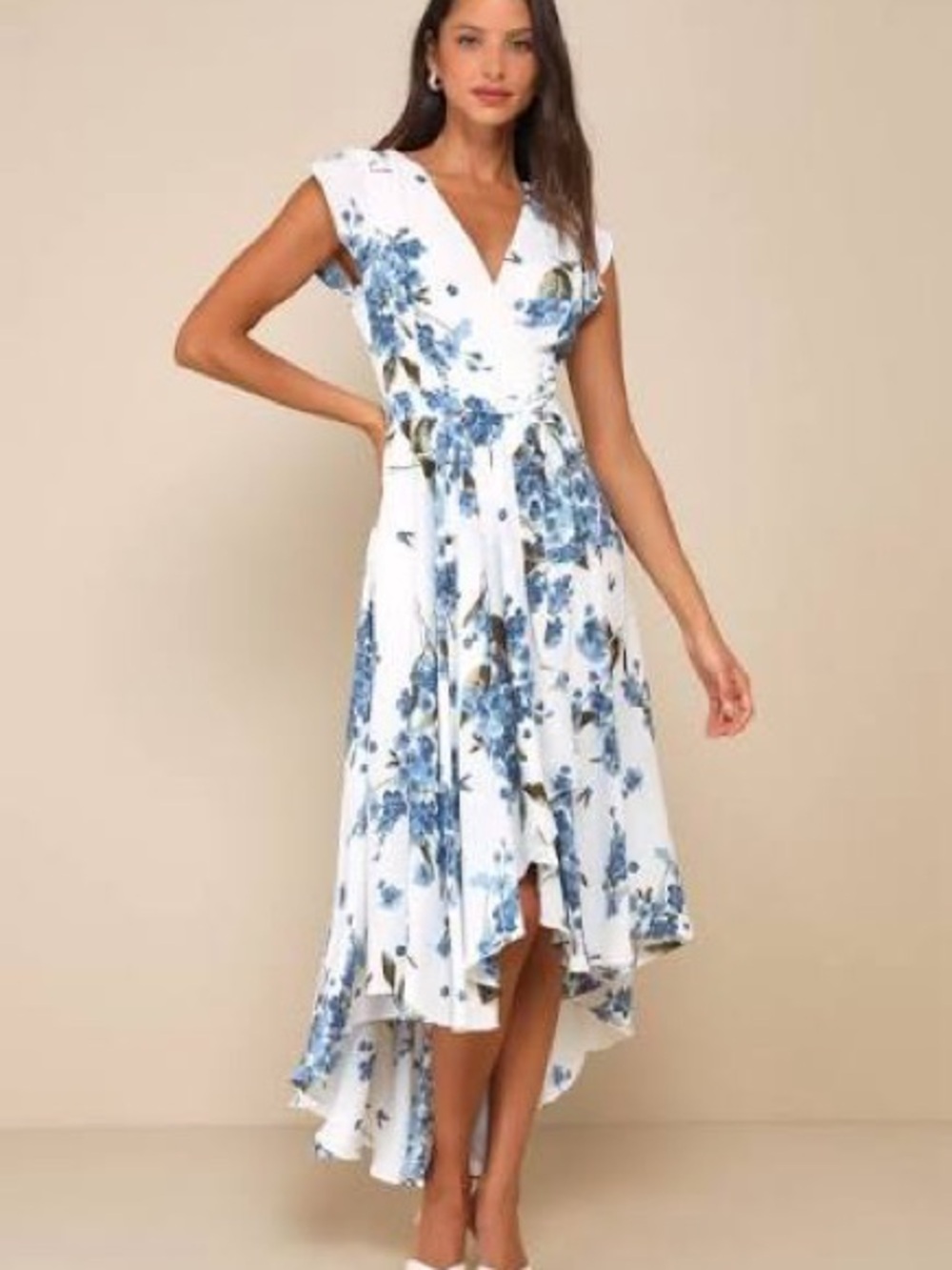 Lulus Blue Floral French Countryside High-Low, Faux Wrap Dress|Sz M|Romantic